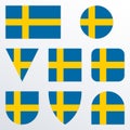 Sweden flag icon set. Swedish flag button or badge in different shapes. Vector illustration.